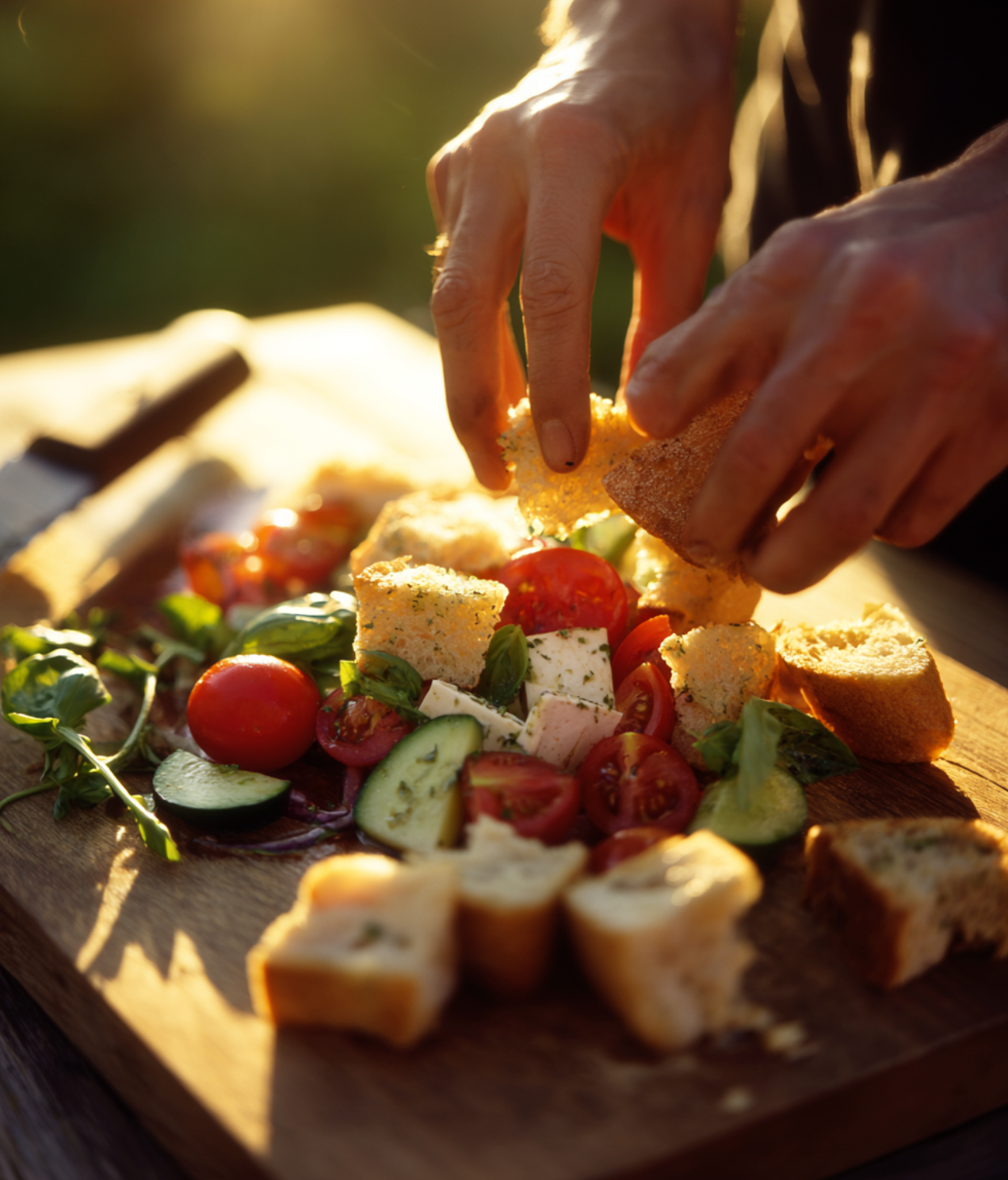 Mediterraner Brotsalat mit geröstetem Brot, Tomaten und Vola-Würzöl „Salat Überflieger“