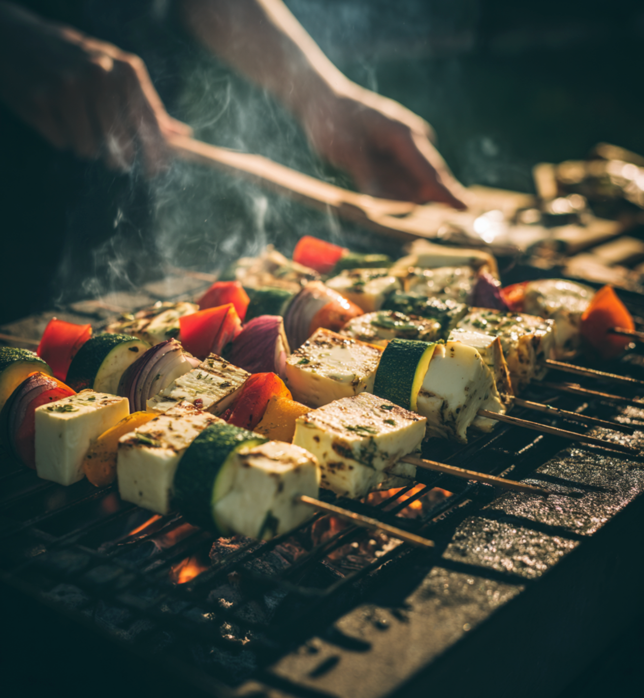 Veggie-Spieße mit Paprika, Zucchini und Halloumi, mariniert mit Vola-Würzöl